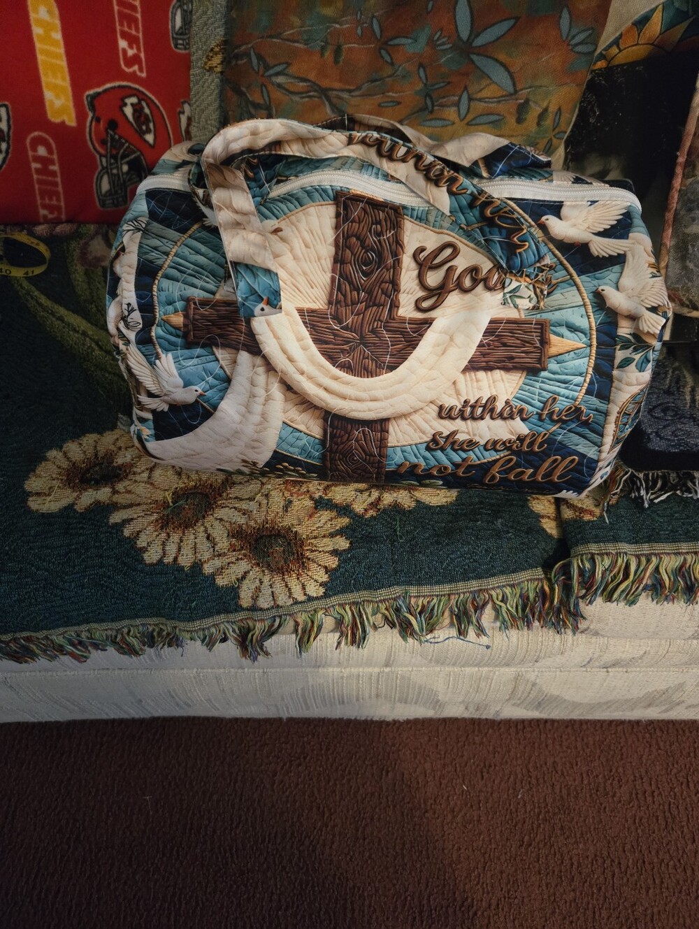 Quilted Religious Cross Duffle Bag in Teal and Cream